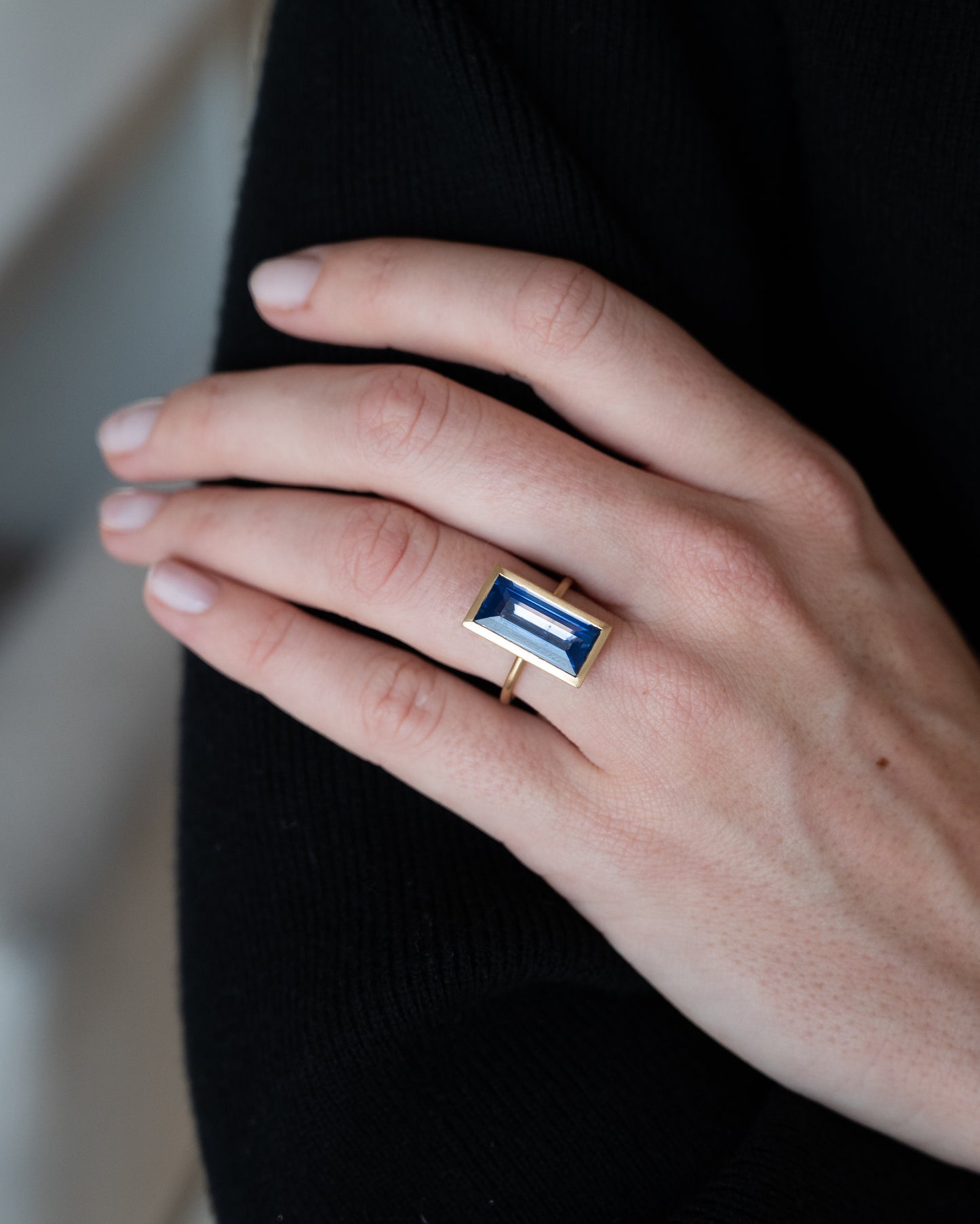 6.75 Baguette Cut Blue Sapphire Cocktail Ring 18k