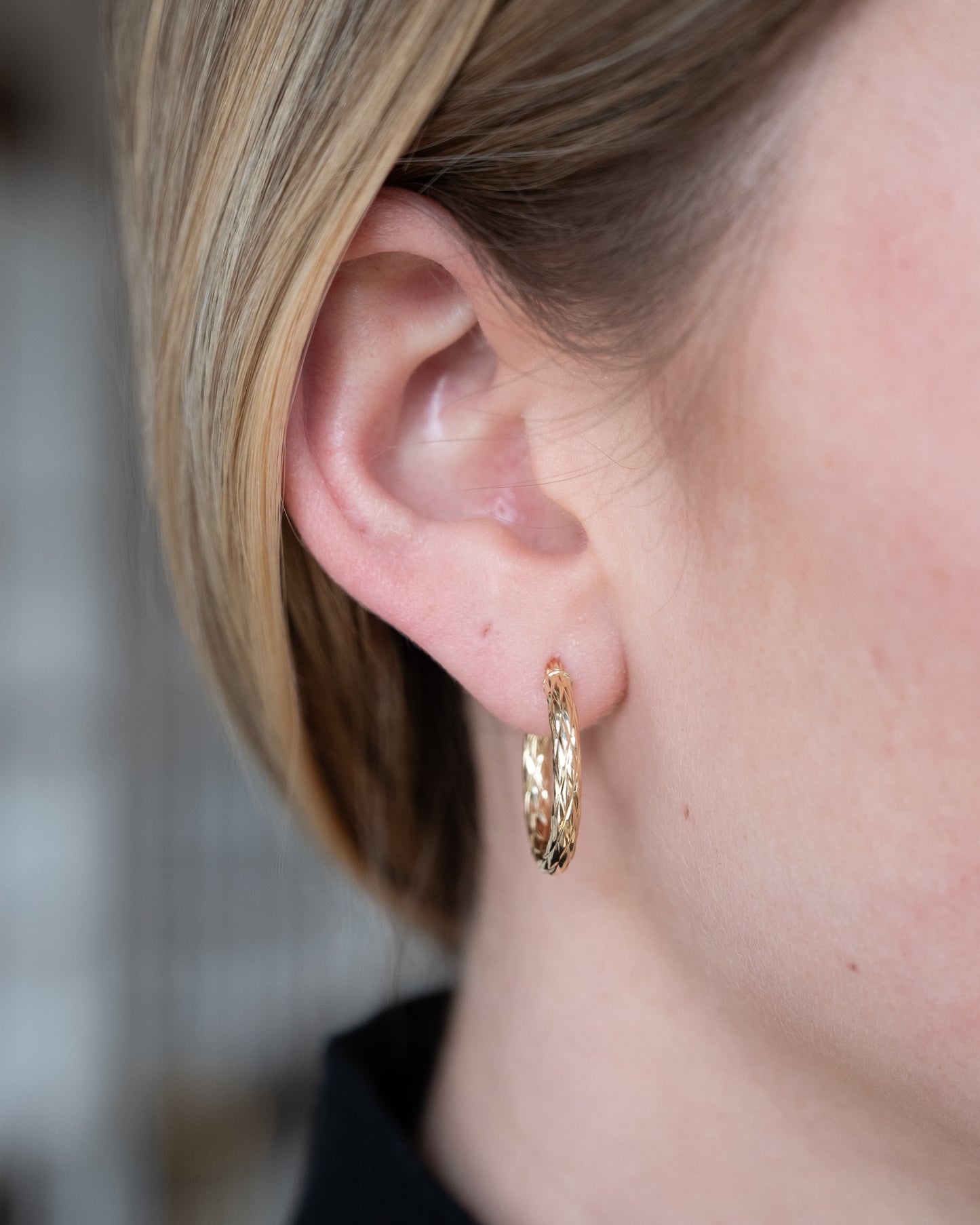 Oval Cross Hatch Textured Hoop Earrings 14k