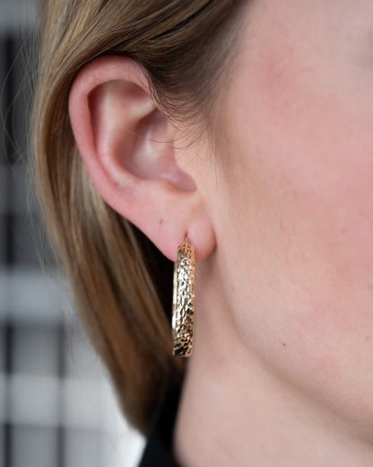 Oval Hammered Hoop Earrings 14k Yellow Gold