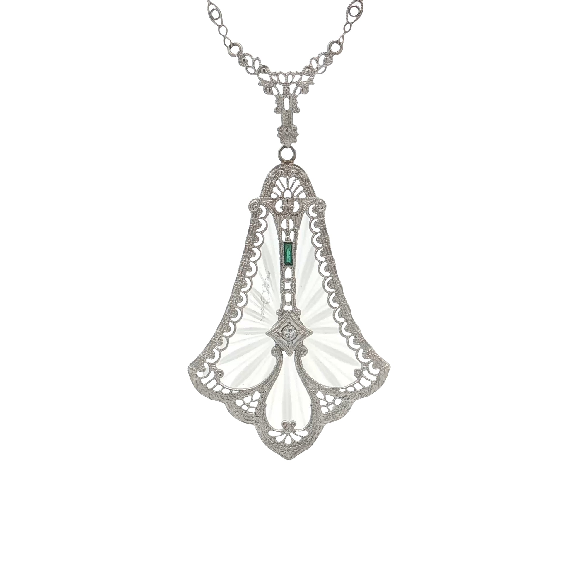 Antique Art Deco Camphor Glass Pendant 14k White Gold