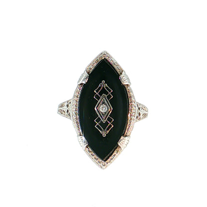 Antique Art Deco Diamond & Onyx Navette Ring 14k