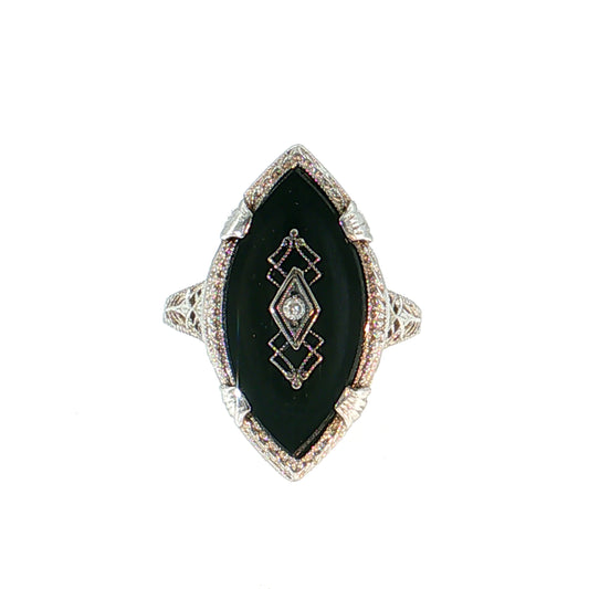 Antique Art Deco Diamond & Onyx Navette Ring 14k