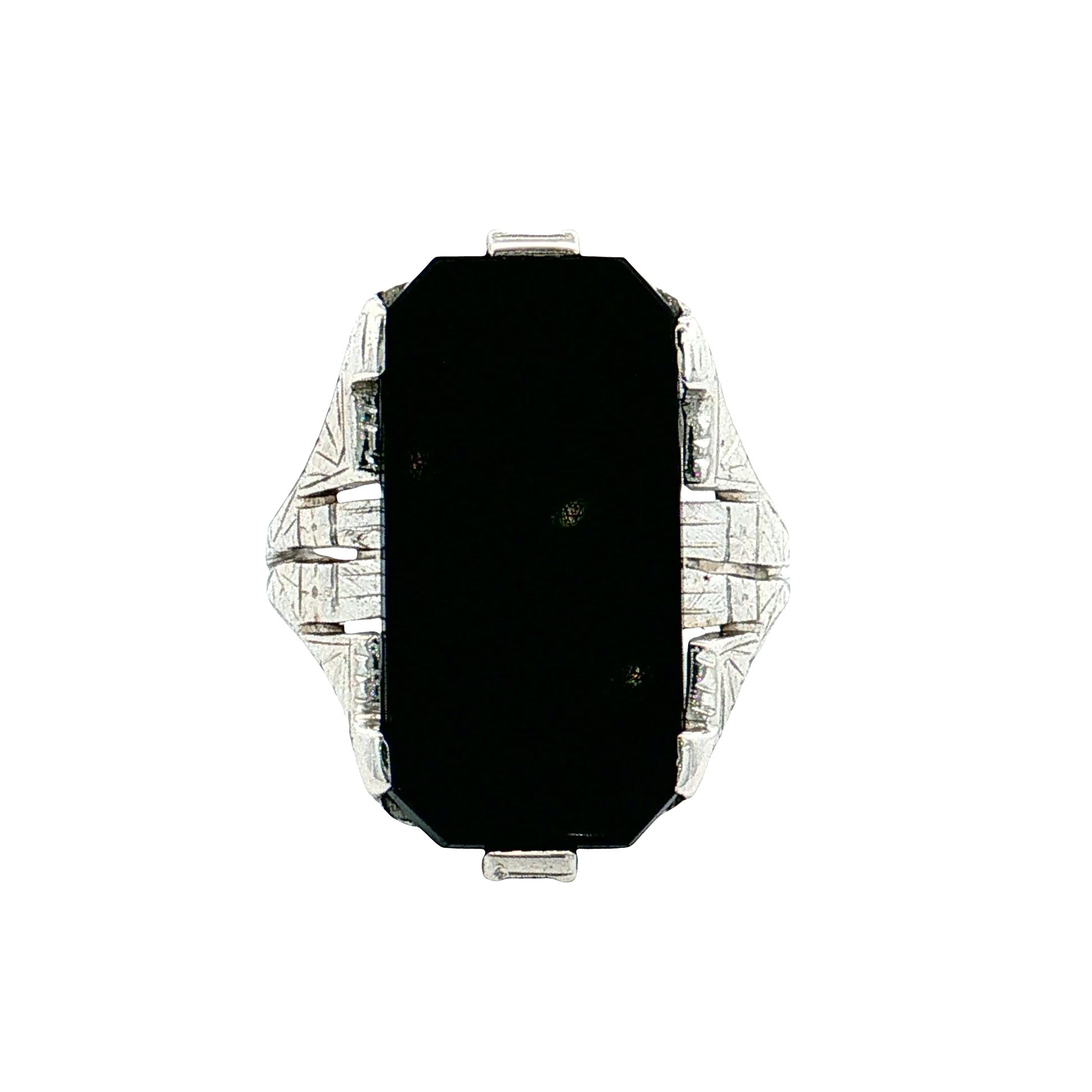 Antique Art Deco Onyx Cocktail Ring 14k White Gold