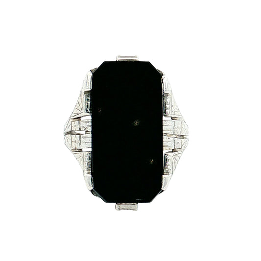Antique Art Deco Onyx Cocktail Ring 14k White Gold