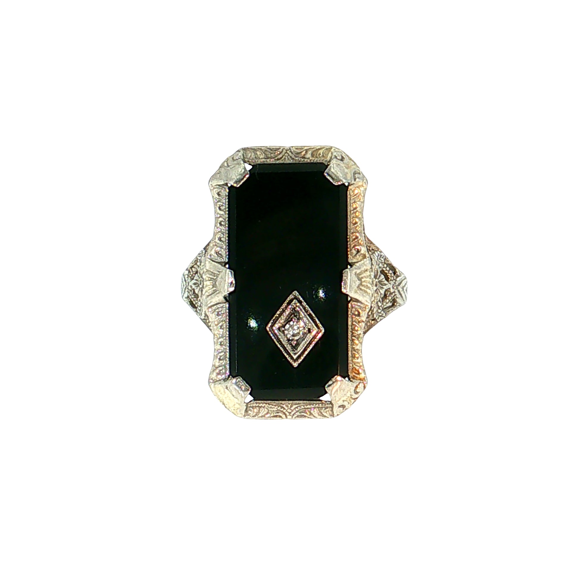 Antique Art Deco Onyx & Diamond Cocktail Ring 10k White Gold