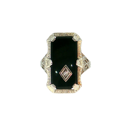 Antique Art Deco Onyx & Diamond Cocktail Ring 10k White Gold