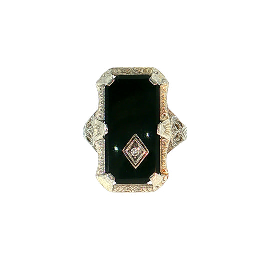 Antique Art Deco Onyx & Diamond Cocktail Ring 10k White Gold