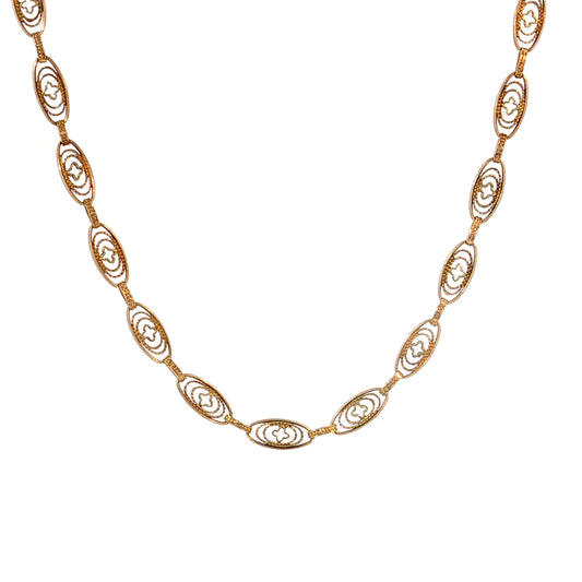 Antique Art Deco Oval Link Chain Necklace 14k Yellow Gold