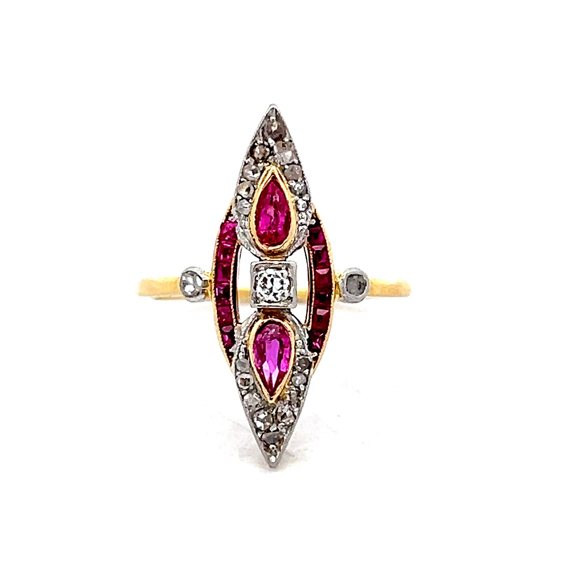 Antique Edwardian Ruby & Diamond Navette Ring 18k/Platinum