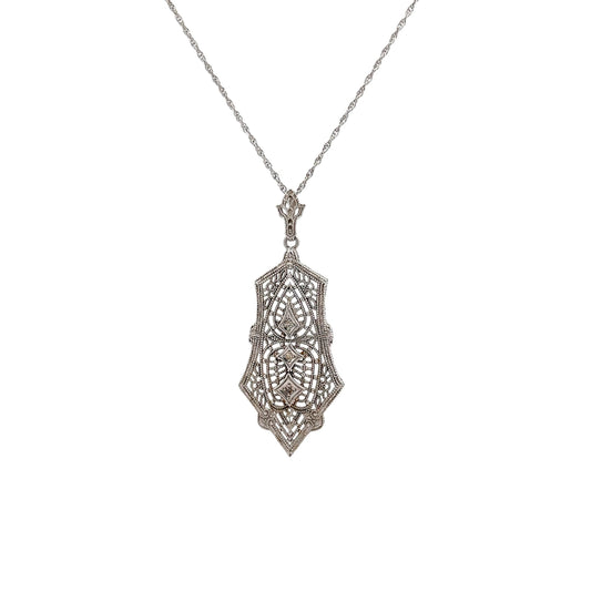 Art Deco Filigree Diamond Pendant in 14k White Gold