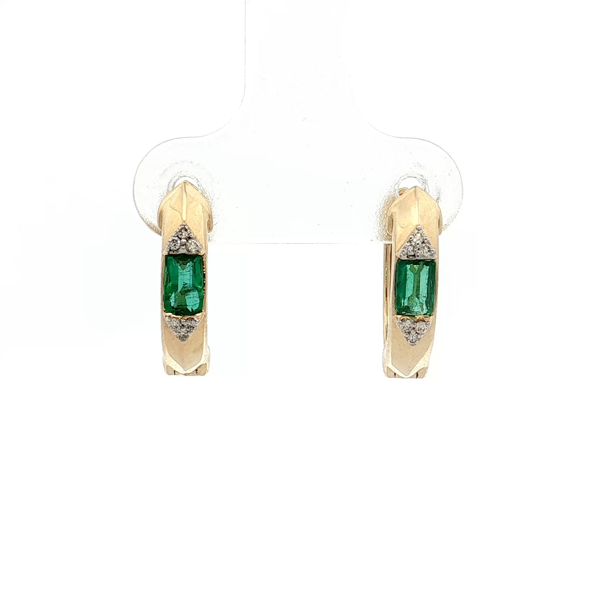 Baguette Emerald & Diamond Hoop Earrings 14k Yellow Gold