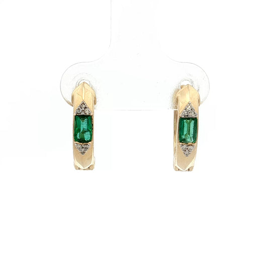 Baguette Emerald & Diamond Hoop Earrings 14k Yellow Gold