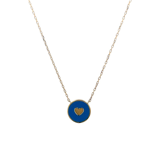 Blue Enamel Heart Pendant Necklace in 14k Yellow Gold