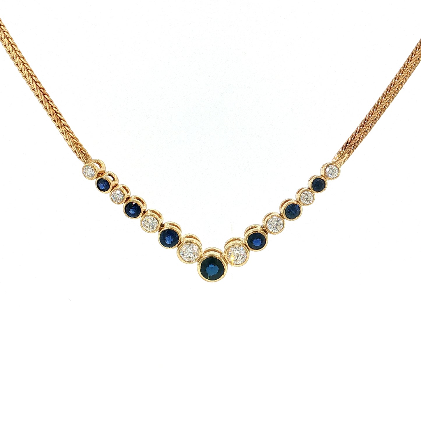 Blue Sapphire & Diamond Herringbone Necklace 14k