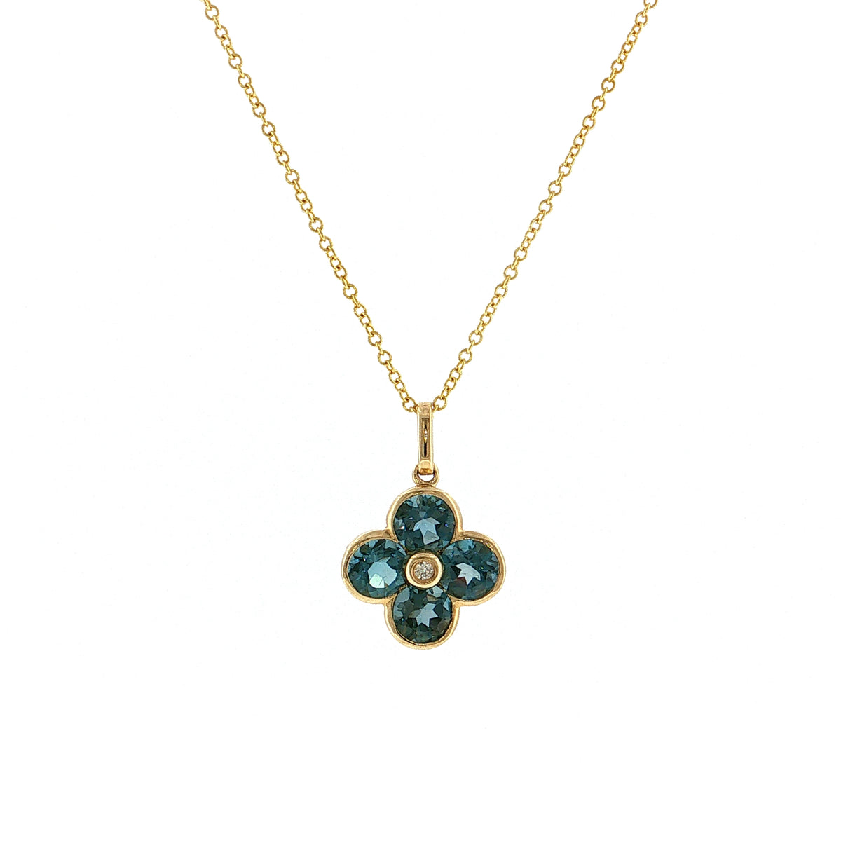 Blue Topaz & Diamond Clover Pendant 14k Gold