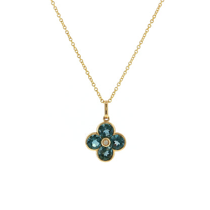 Blue Topaz & Diamond Clover Pendant 14k Gold