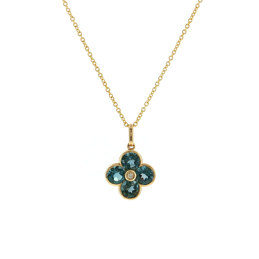 Blue Topaz & Diamond Clover Pendant 14k Gold