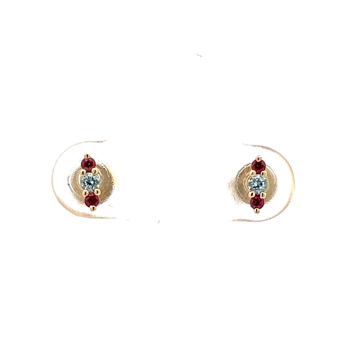 Blue Topaz & Garnet Stud Earrings in 14k Yellow Gold