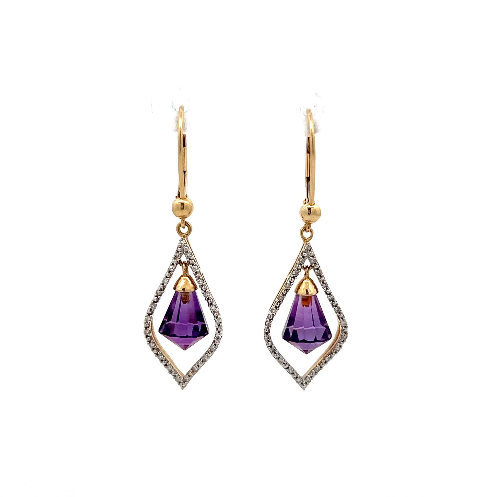 Briolette Cut Amethyst & Diamond Earrings in 14k