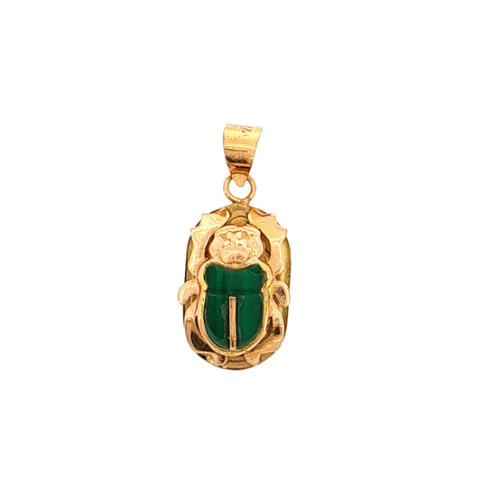 Cabochon Cut Malachite Scarab Pendant 14k Yellow Gold