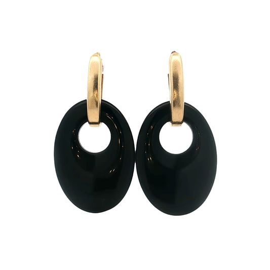 Carved Black Onyx Dangle Earrings 14k Yellow Gold