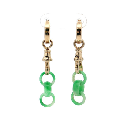 Carved Jadeite Drop Hoop Earrings 14k Yellow Gold