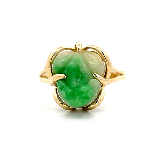Carved Jadeite Frog Cocktail Ring in 14k Yellow Gold
