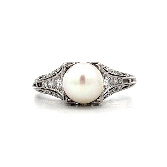 Deco Filigree Pearl & Diamond Cocktail Ring in Platinum