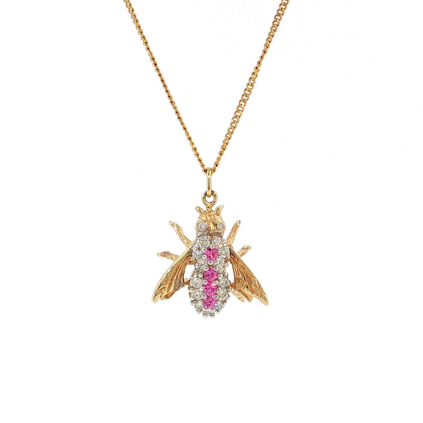 Diamond & Pink Sapphire Bee Pendant Necklace 14k