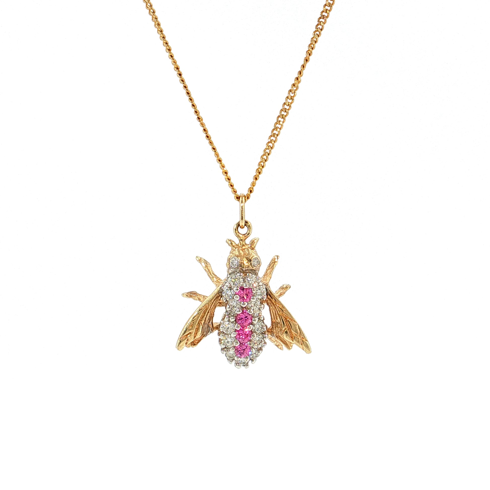 Diamond & Pink Sapphire Bee Pendant Necklace 14k