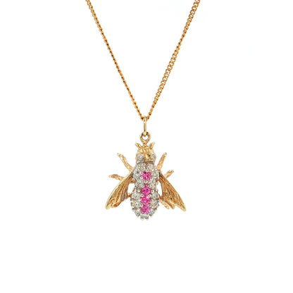 Diamond & Pink Sapphire Bee Pendant Necklace 14k