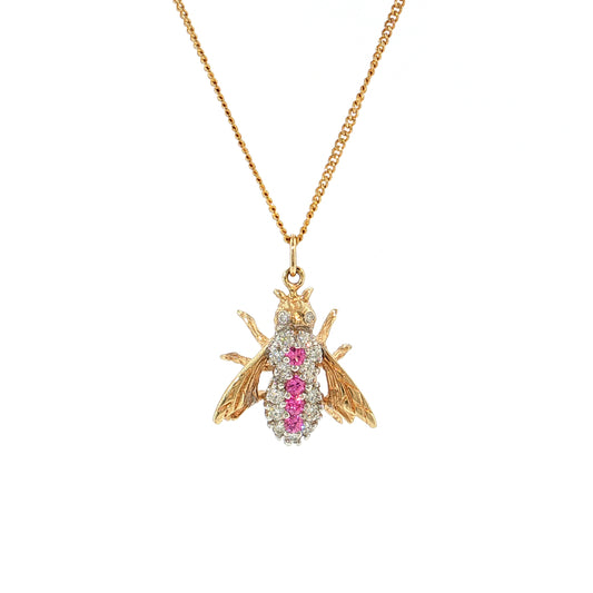 Diamond & Pink Sapphire Bee Pendant Necklace 14k