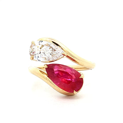 Diamond & Ruby Toi Et Moi Cocktail Ring 18k Yellow Gold