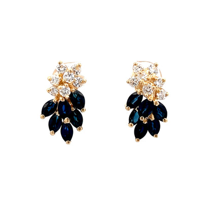 Diamond & Sapphire Cluster Stud Earrings 14k Yellow Gold