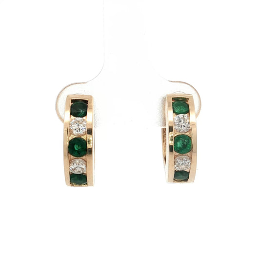 Emerald & Diamond Huggie Hoop Earrings 14k Yellow Gold