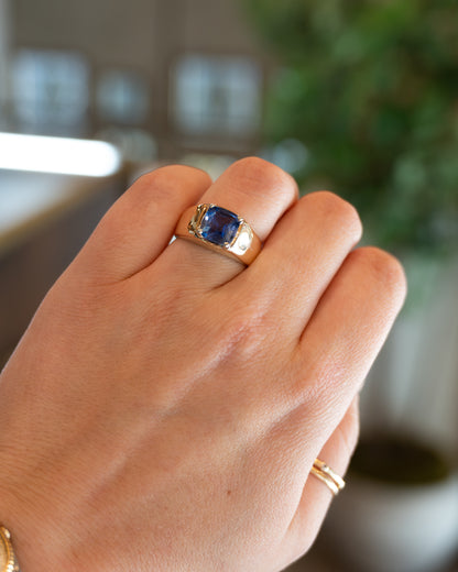 3.25 Cushion Blue Sapphire Solitaire Ring 14k