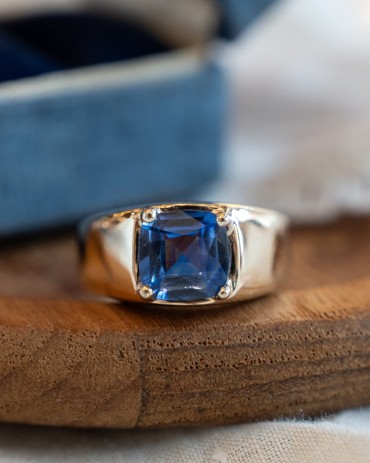 3.25 Cushion Blue Sapphire Solitaire Ring 14k