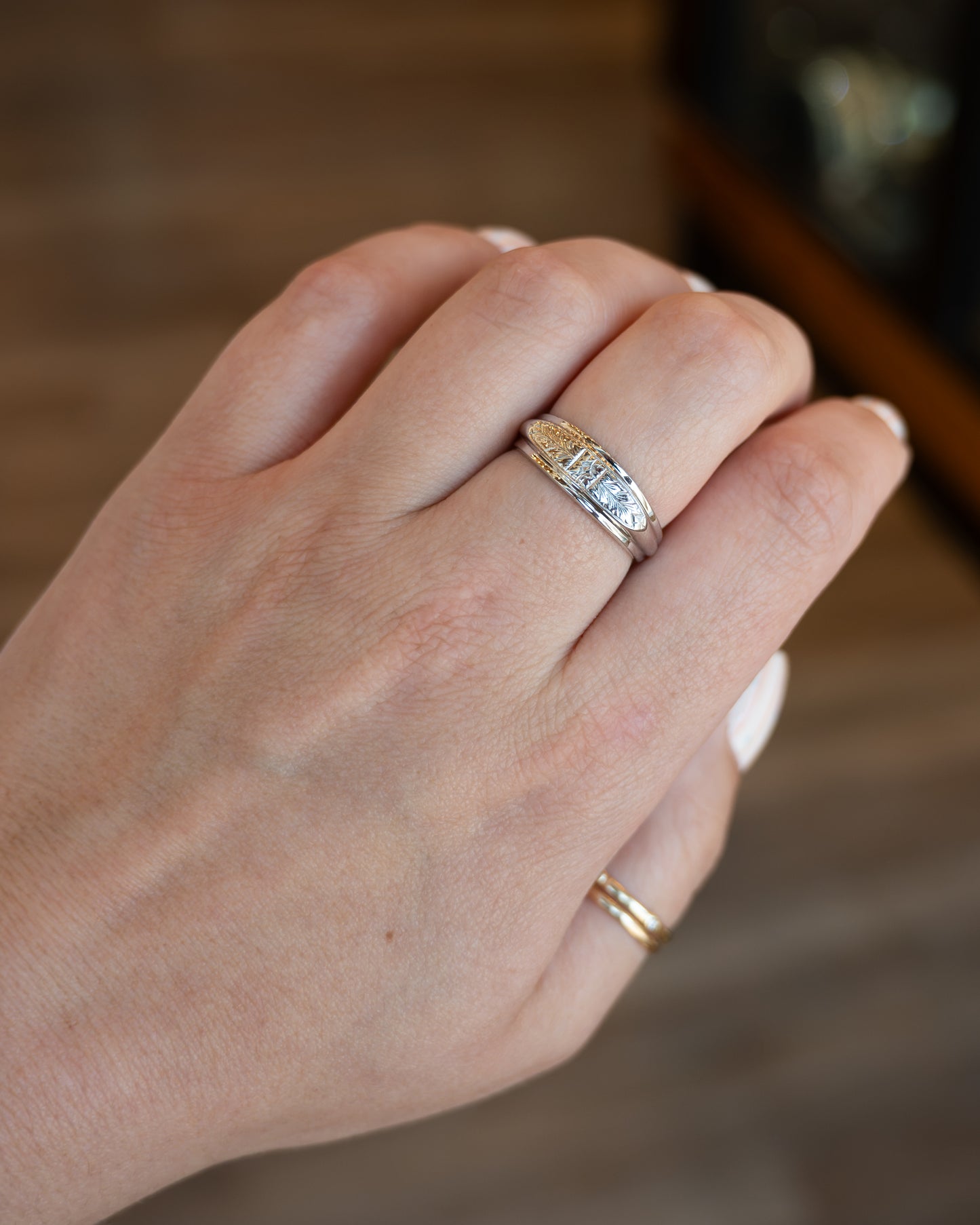 Vintage Mid-Century Engraved Wedding Band 14k White Gold