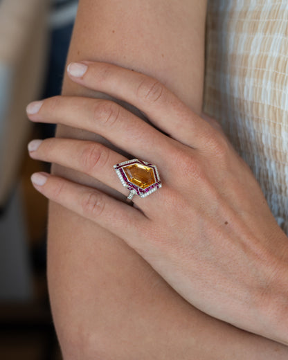 7.79 Citrine Ruby Diamond Cocktail Ring Platinum