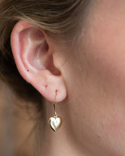 Puffy Heart Drop Earrings 14k Yellow Gold