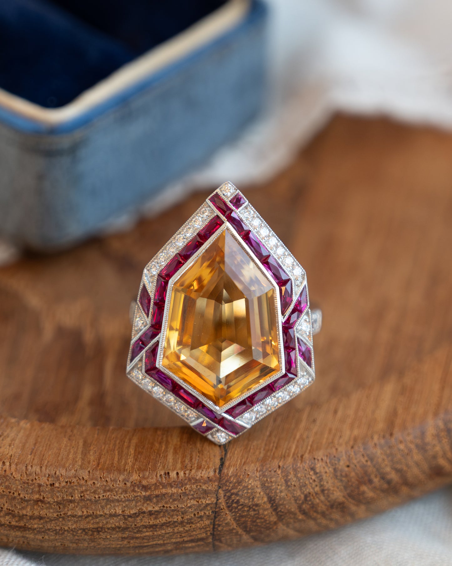 7.79 Citrine Ruby Diamond Cocktail Ring Platinum