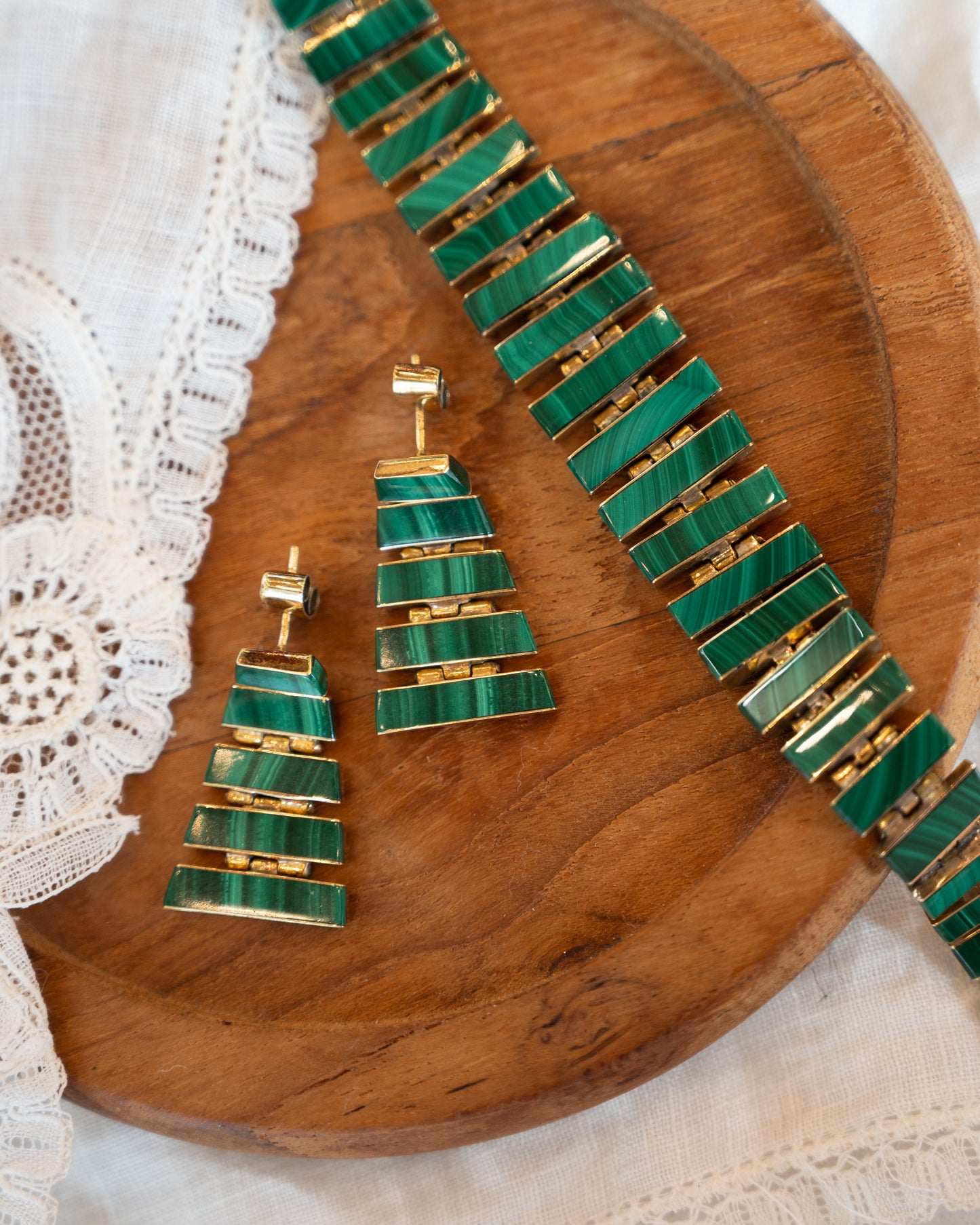 Vintage Mid-Century Malachite Bracelet & Earring Set 18k