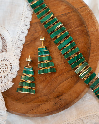 Vintage Mid-Century Malachite Bracelet & Earring Set 18k