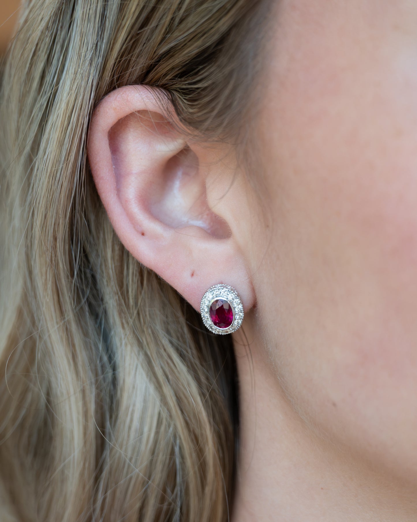 2.08 Ruby & Diamond Halo Stud Earrings 14k White Gold