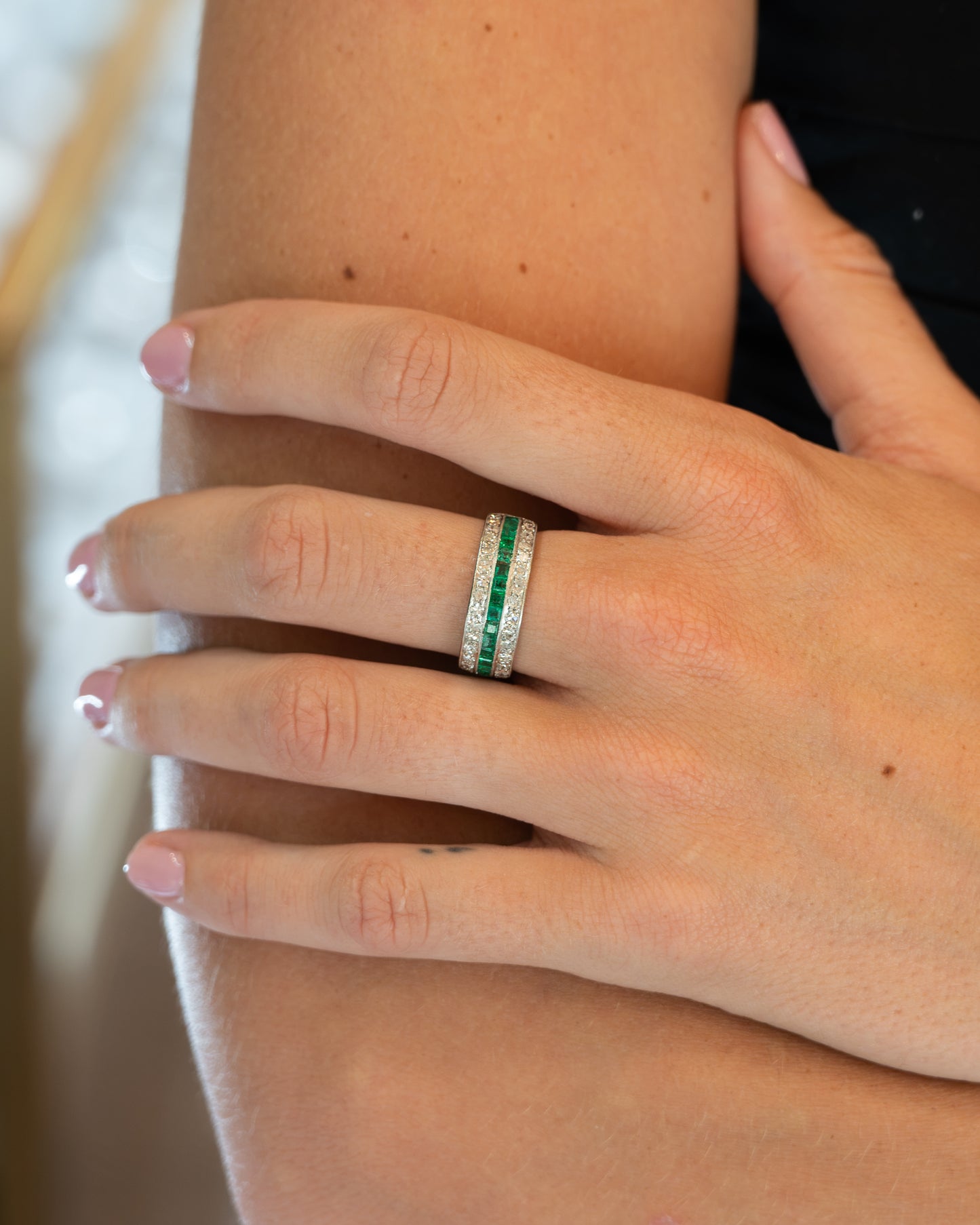 .75 Vintage Mid-Century Diamond & Emerald Stacking Ring Platinum