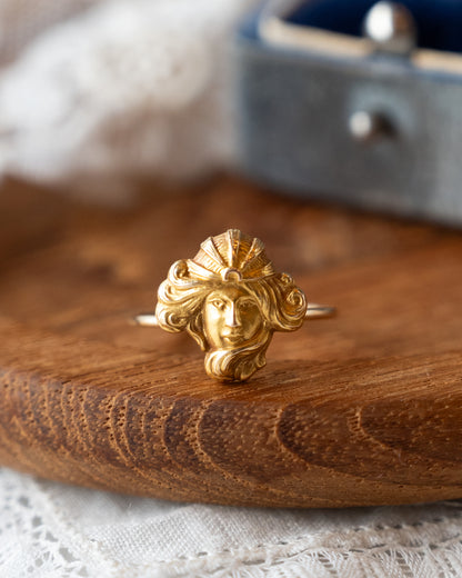 Antique Art Nouveau Carved Face Cocktail Ring 14k