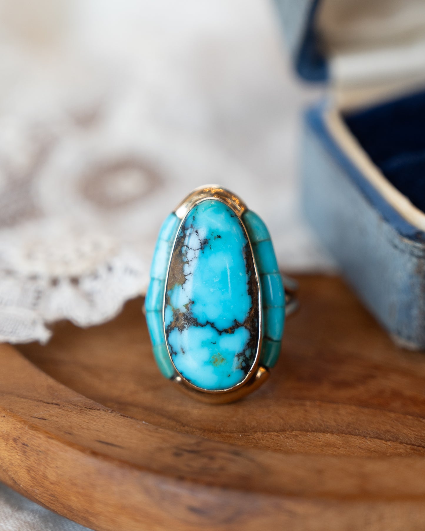 Les Baker Turquoise Cocktail Ring 14k Yellow Gold