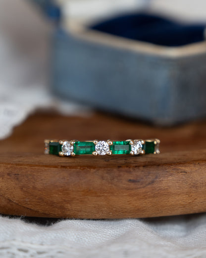 Emerald & Diamond Half-Eternity Band 18k Yellow Gold