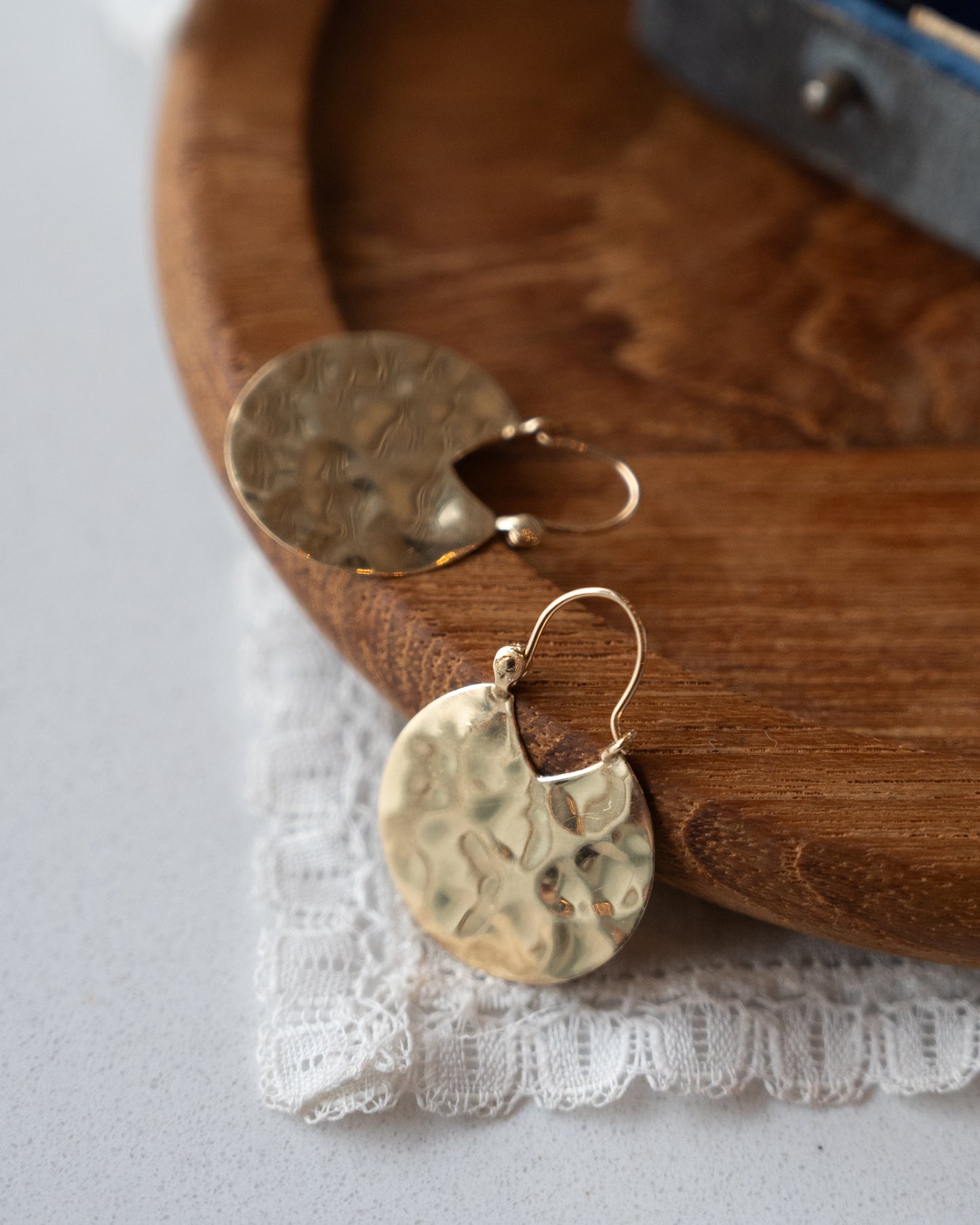 Hammered Disc Drop Earrings 14k Yellow Gold