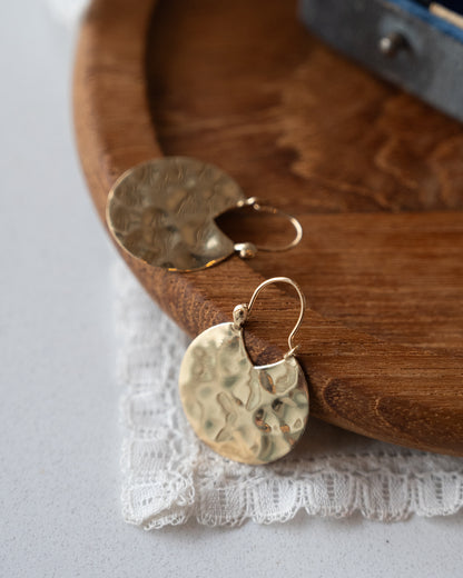 Hammered Disc Drop Earrings 14k Yellow Gold